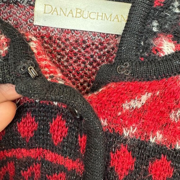 90s Vintage Dana Buchman Wool Mohair Blend Black Red Nordic Crop Cardigan Size M - Picture 5 of 15